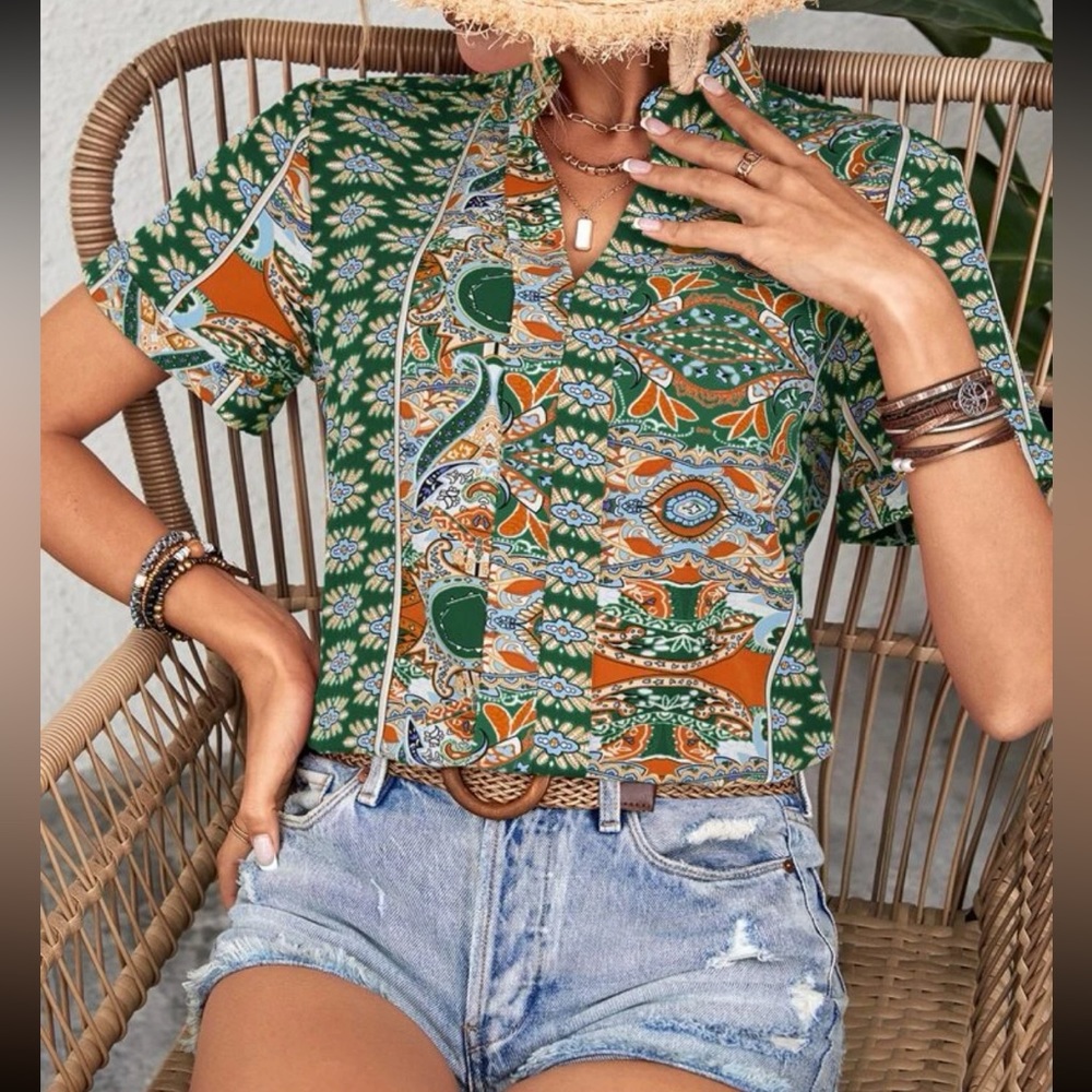 Boho Floral Paisley Print Top Blouse Shirt GREEN - Picture 5 of 5